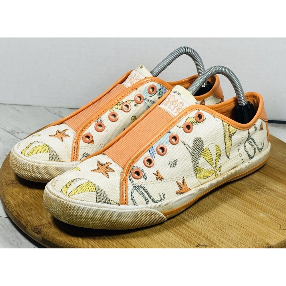 Coach  Orange Beach Print Canvas Slip-On Sneakers Sz 9B